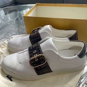 Fendi White Leather Slip-On Sneakers with Brown Logo Strap and Gold Buckle